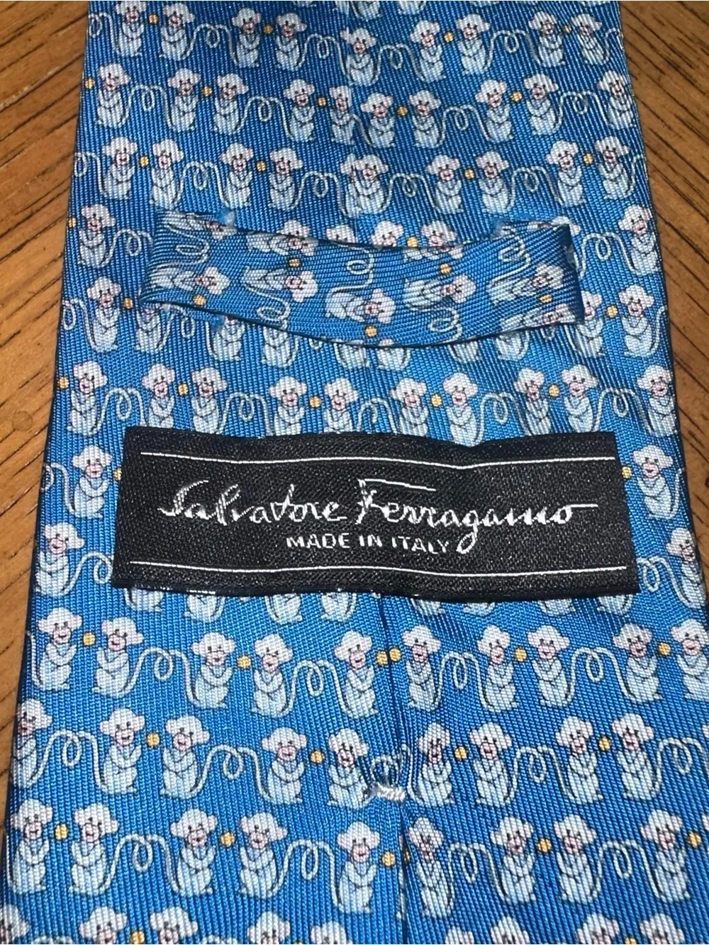 Salvatore Ferragamo Mens Silk Tie Blue Monkey Animal Print Made in Italy
